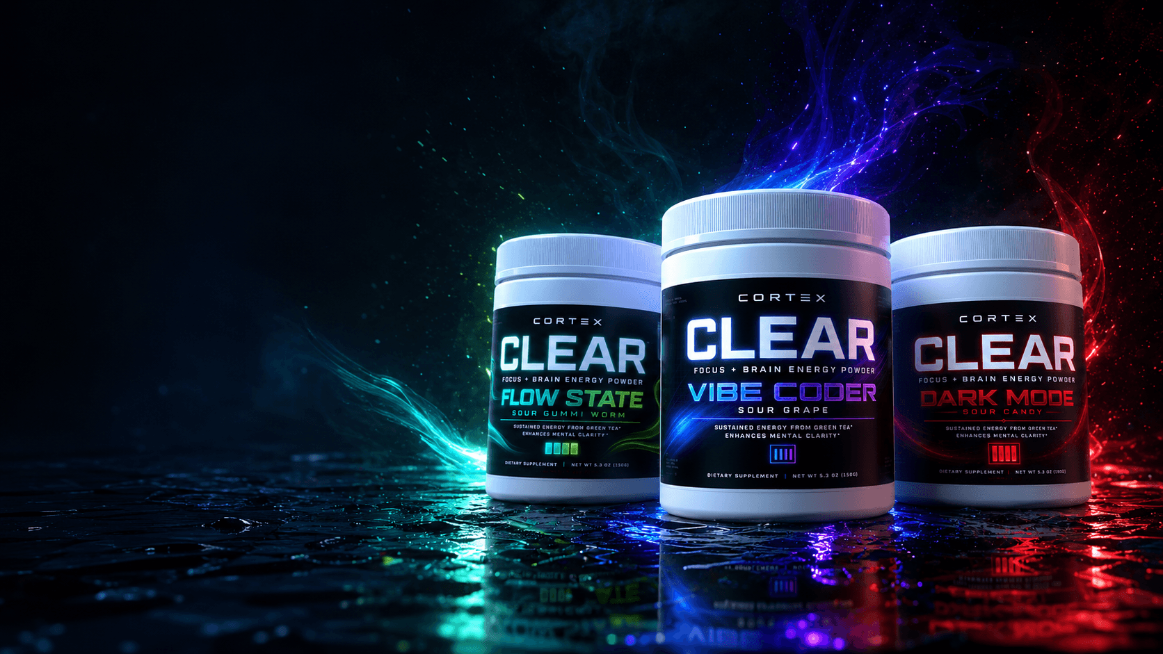 CORTEX CLEAR focus powder in Flow State, Vibe Coder, and Dark Mode flavors