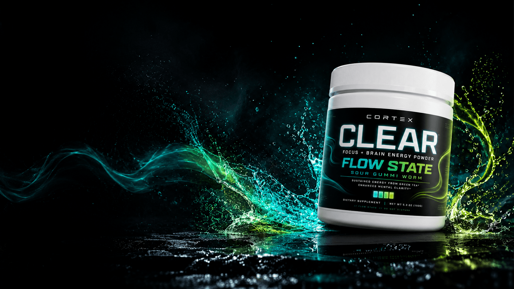 CORTEX CLEAR Flow State tub in a green energy splash