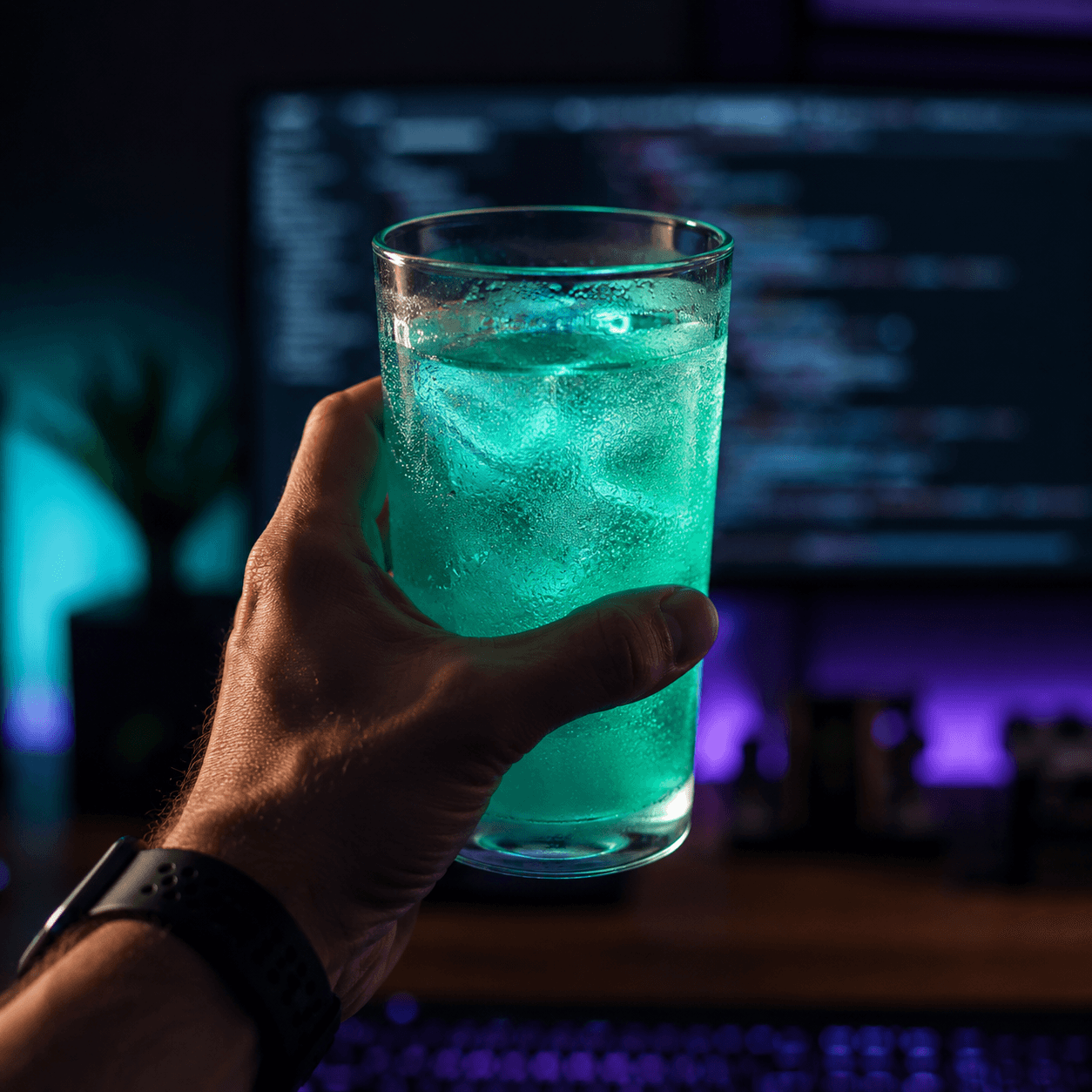 A hand raising a glass of glowing CORTEX CLEAR in front of a monitor with code