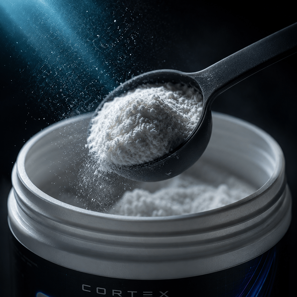 A scoop of CORTEX CLEAR powder held over an open tub