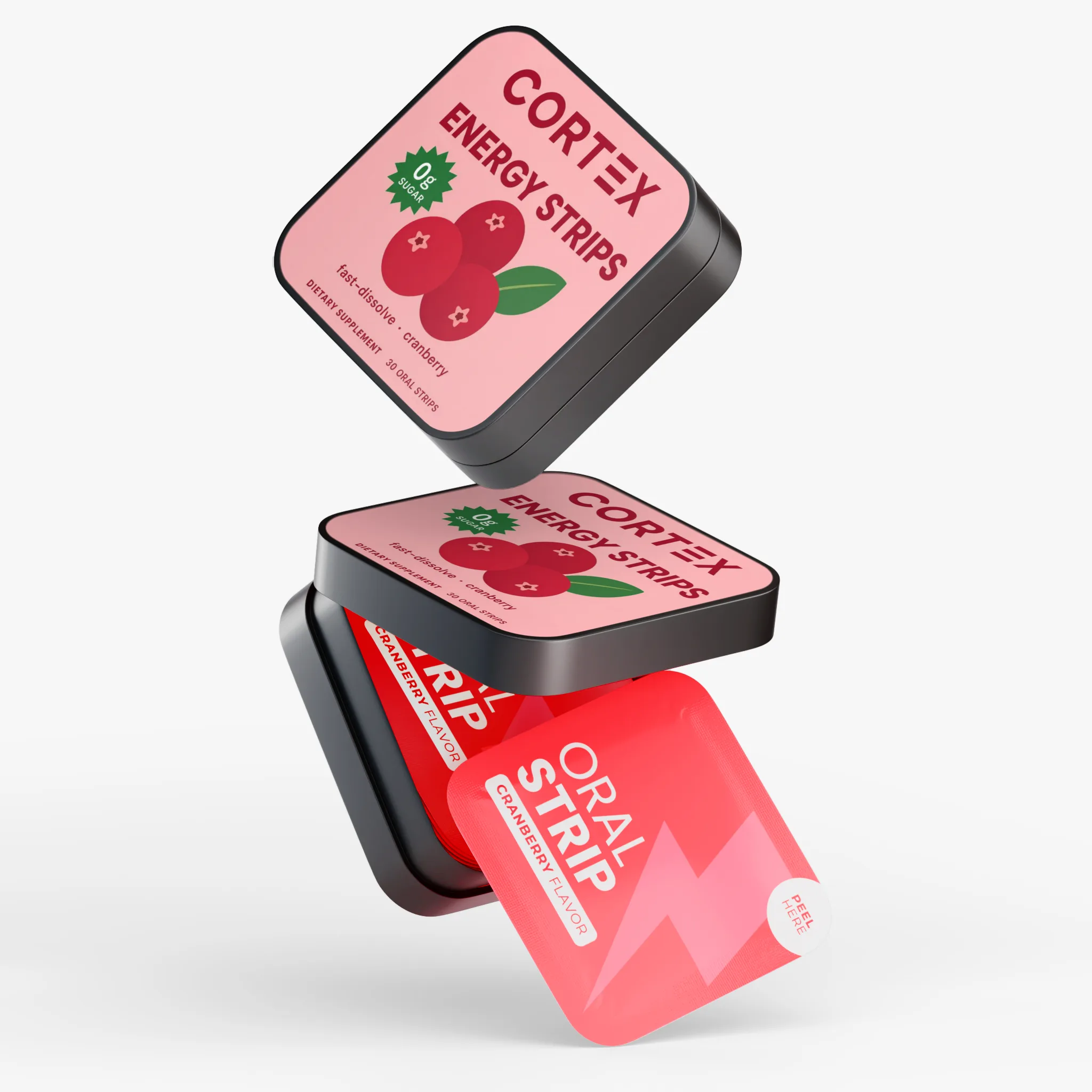 CORTEX Energy Strips tins with individually wrapped cranberry strips