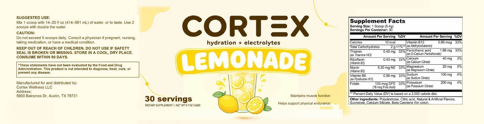 Complete CORTEX Hydration Lemonade label and Supplement Facts panel
