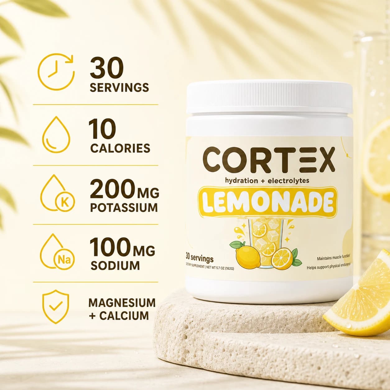 CORTEX Hydration Lemonade with electrolyte highlights