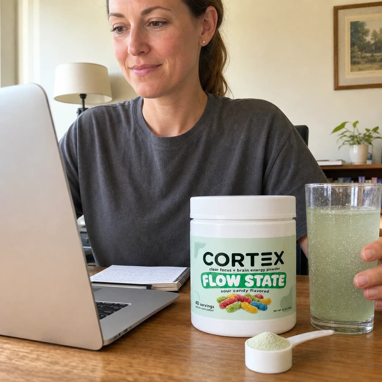 Woman working at her laptop with CORTEX CLEAR Flow State, a mixed drink, and a scoop of powder