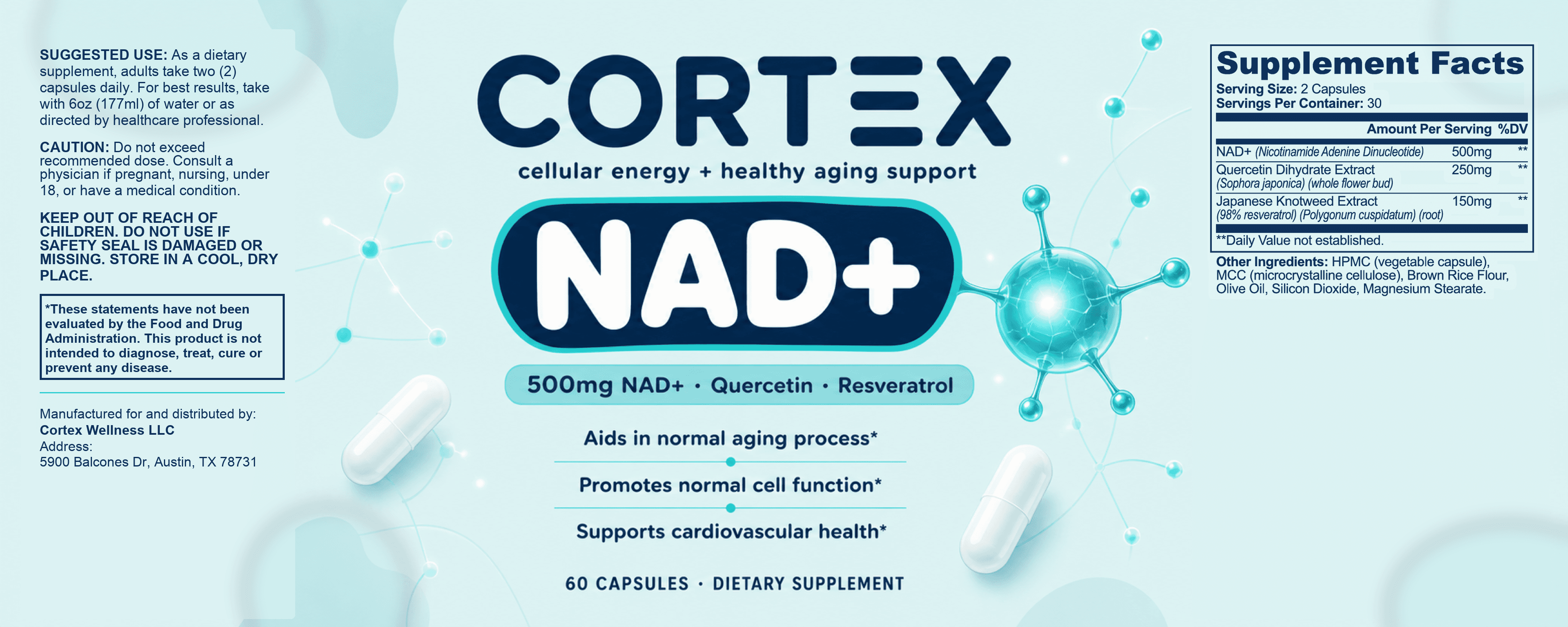 Complete CORTEX NAD+ label and Supplement Facts panel