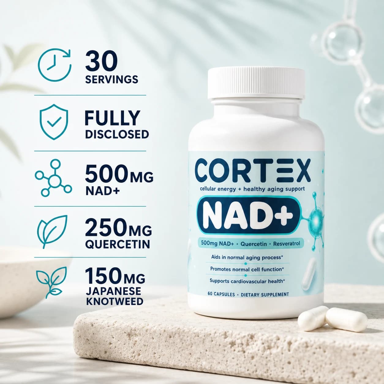 CORTEX NAD+ product facts: 30 servings and fully disclosed active amounts