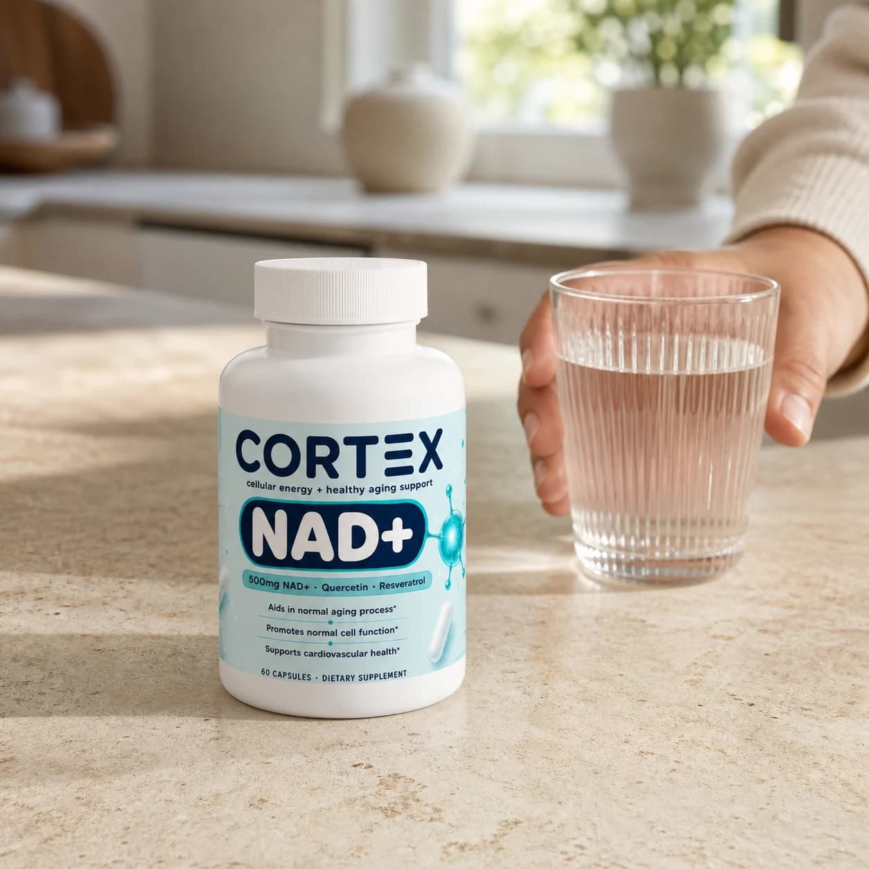 CORTEX NAD+ beside a glass of water on a morning kitchen counter