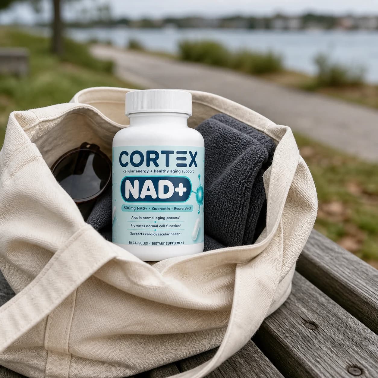 CORTEX NAD+ packed in a canvas tote on a park bench