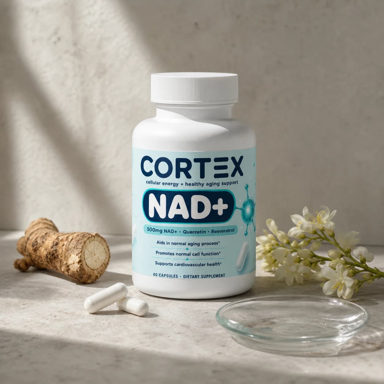 CORTEX NAD+ with Japanese knotweed root, pale flowers, capsules, and a laboratory watch glass