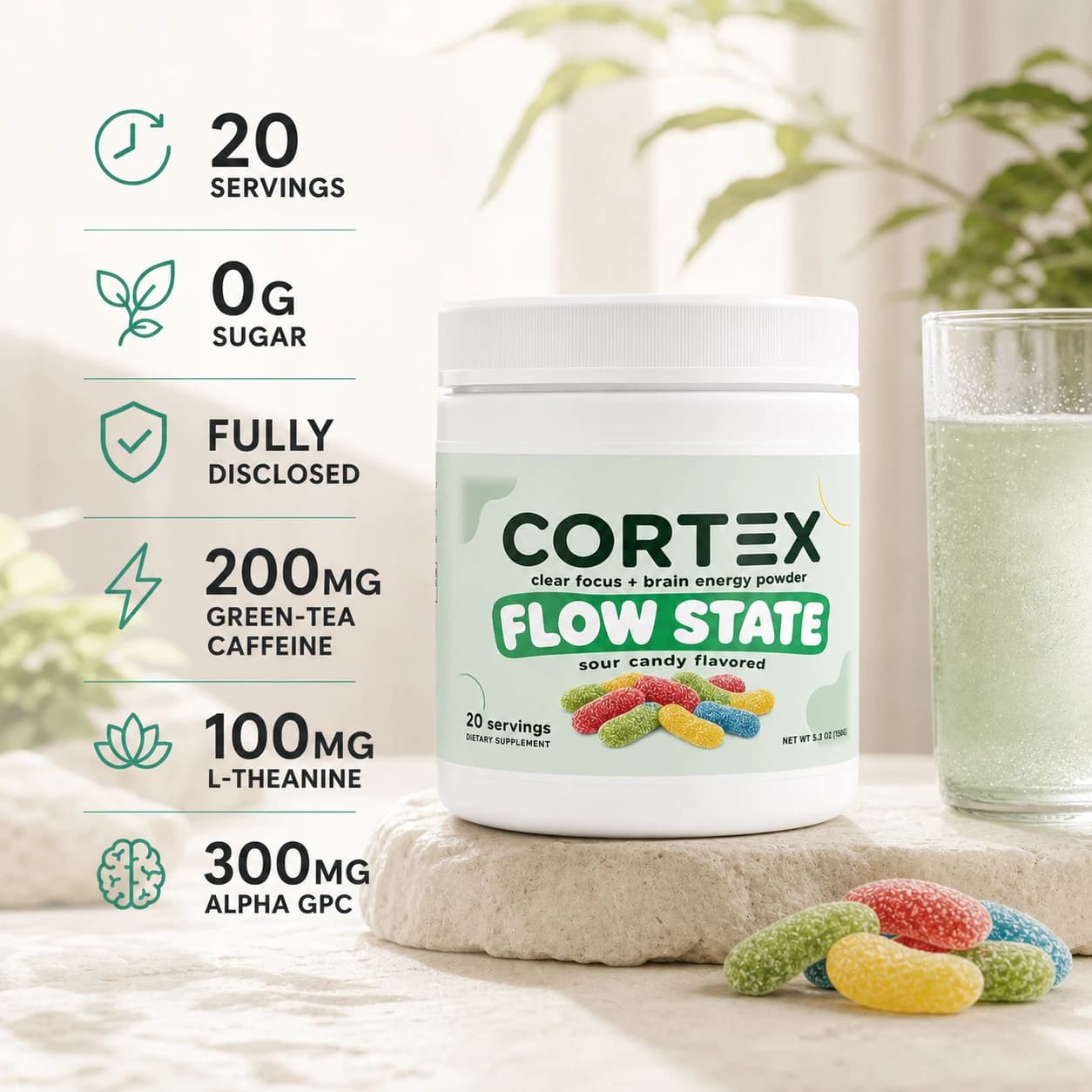 CORTEX CLEAR Flow State with 20 servings and the full 200mg caffeine, 100mg L-theanine, and 300mg Alpha GPC facts