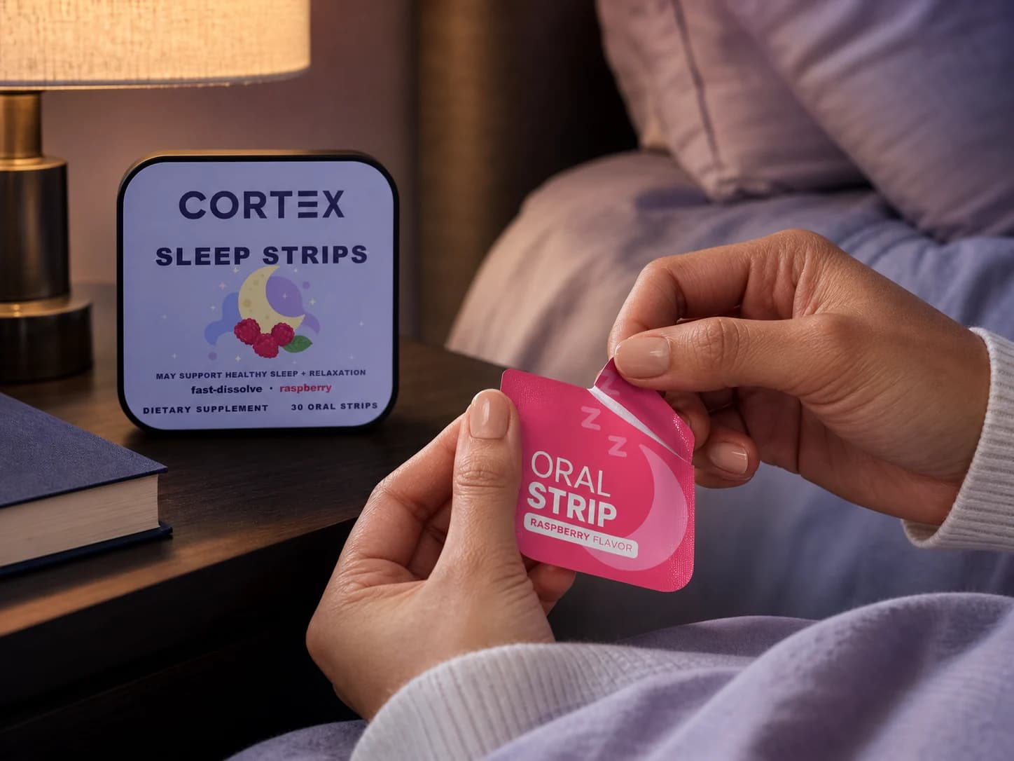 A person opening a CORTEX Sleep Strip at bedtime